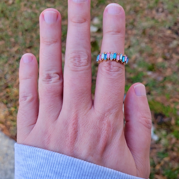 Baguette Sapphire Pink Blue Clear Gemstone Gold Ring Size 6.5 - Picture 8 of 11